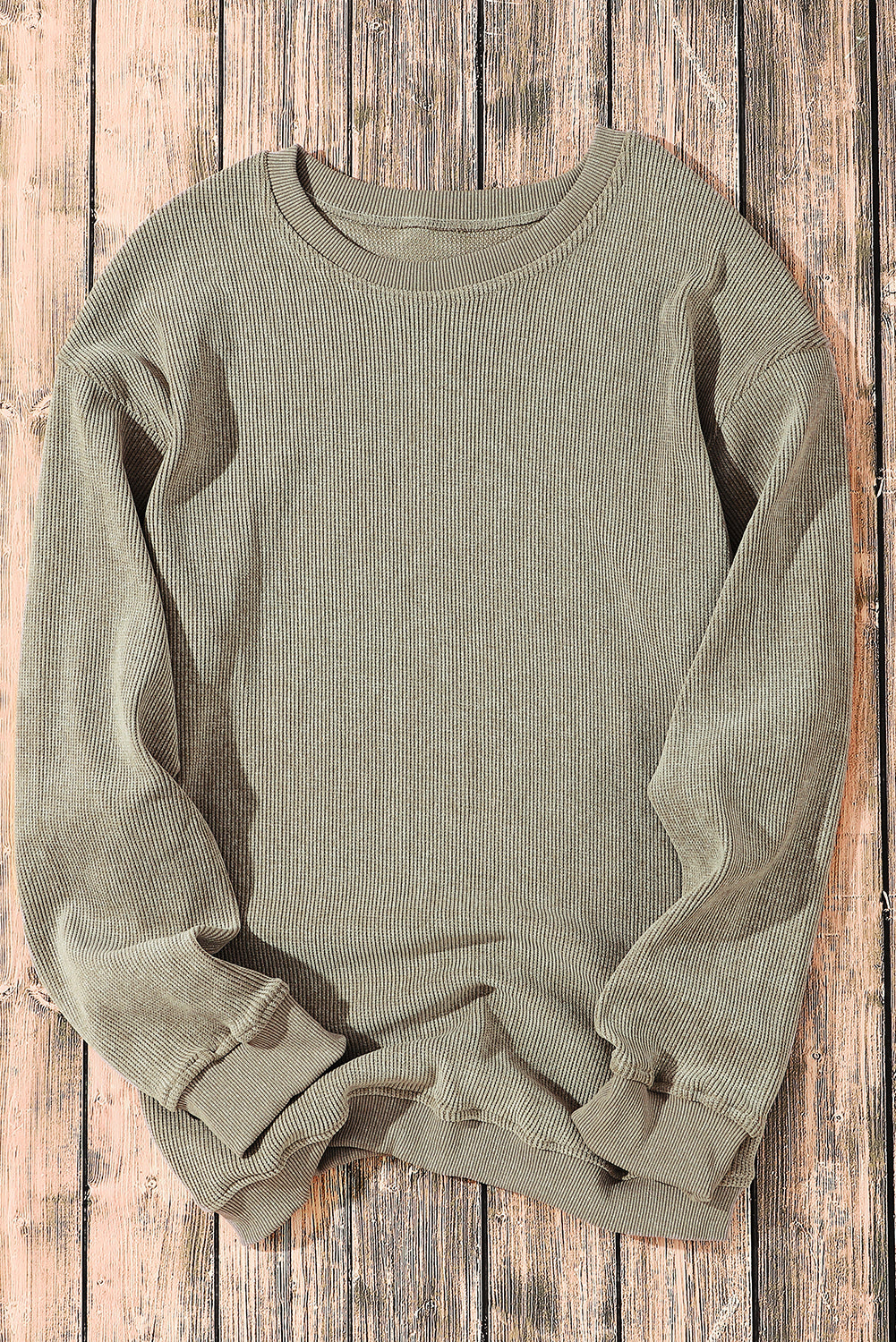 Khaki Solid Ribbed Round Neck Pullover Sweatshirt - Eloy Royal