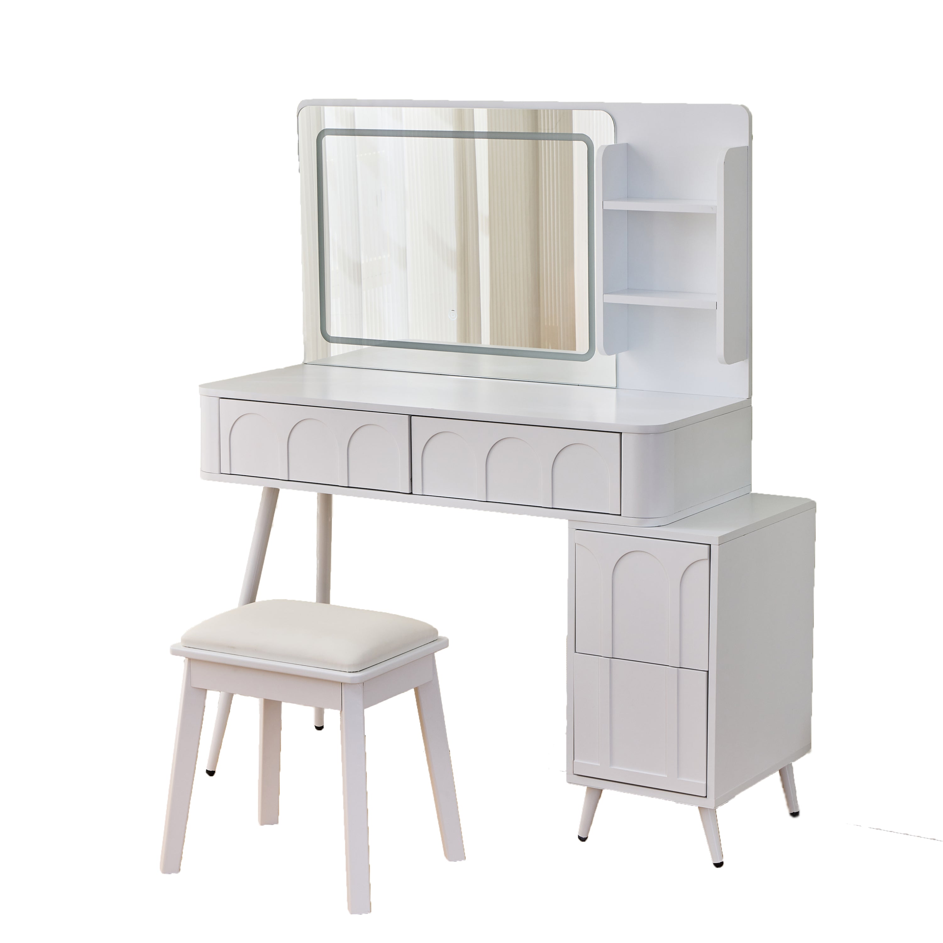 Modern Makeup Vanity Desk with LED Lights & Mirror, 4 Drawer Dressing Table Set, Space-Saving for Bedroom, White