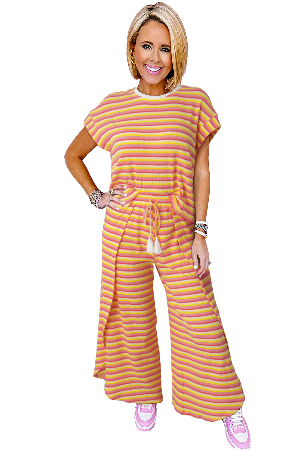 Pink Stripe Rainbow Tee and Tassel Drawstring Wide Leg Pants Set - Eloy Royal