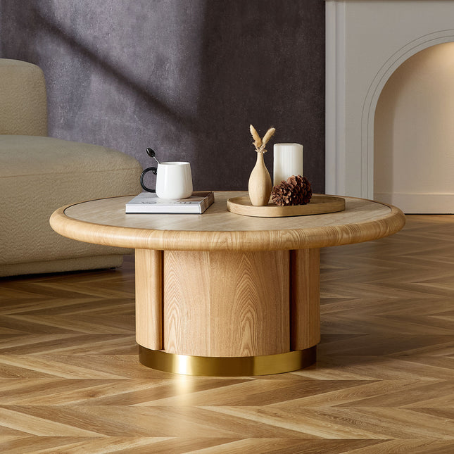 35.43 inch Round Coffee Table, Table with Cylindrical Base with Brushed Stainless Steel,Sintered Stone Tabletop Table,Rounded Sofa Side Table for living Room,Apratment