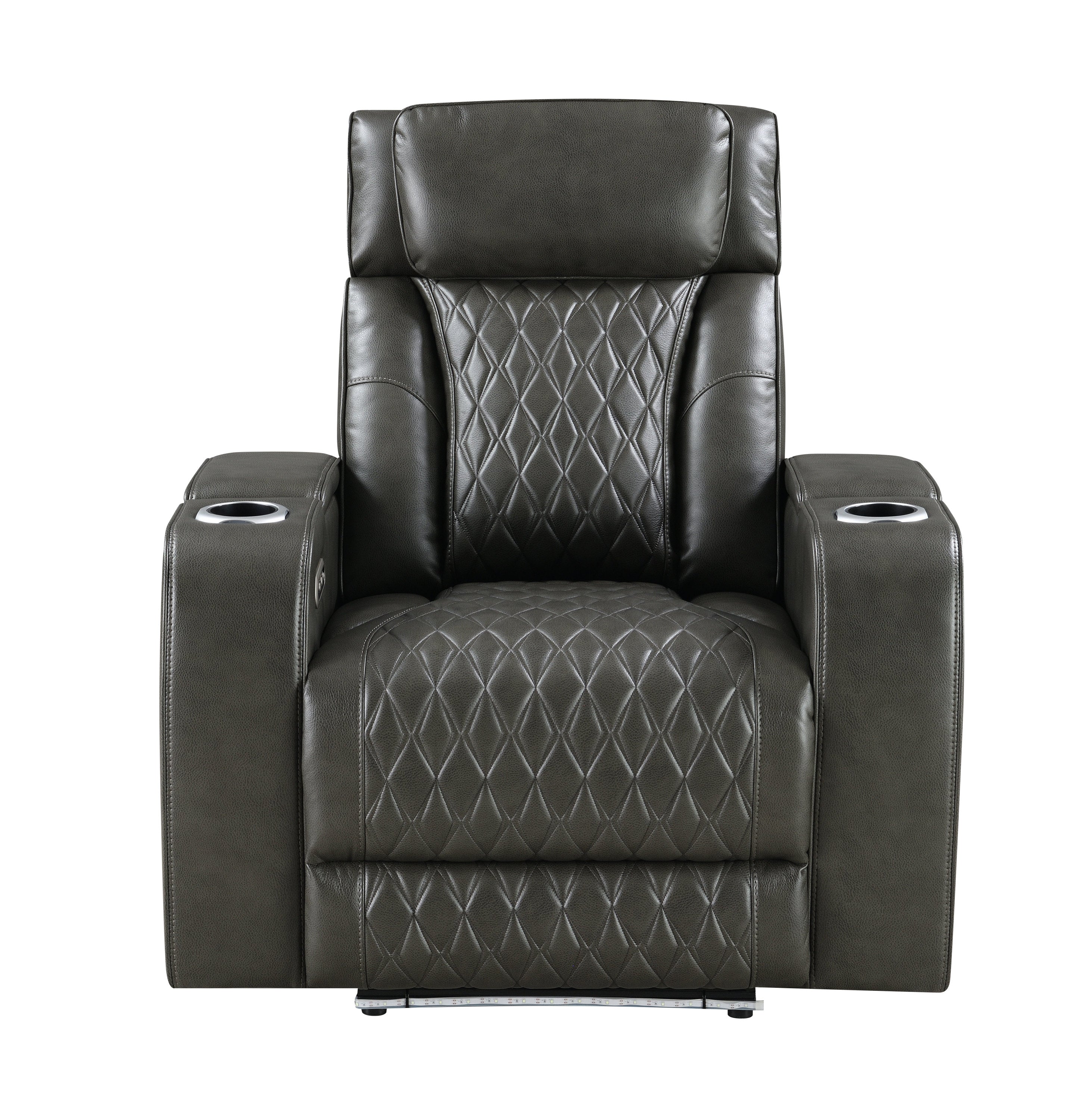 Taddeo Dark Gray Synthetic Leather Power Motion Recliner w/Power Headrest, USB, Wireless Charger & LED