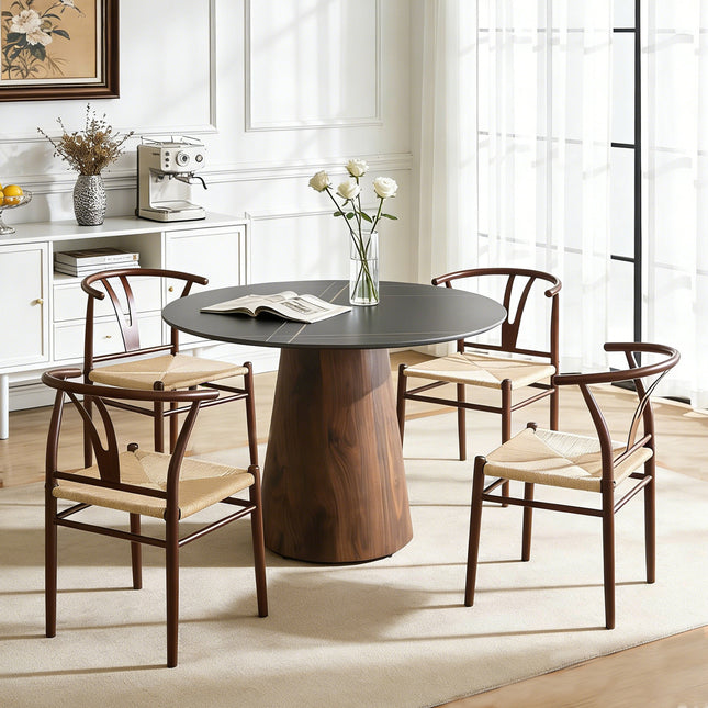Table and chair set. A 42 inch rock slab round table, paired with four uniquely designed dining chairs with walnut coloer metal legs. The table legs are made of walnut density board material.