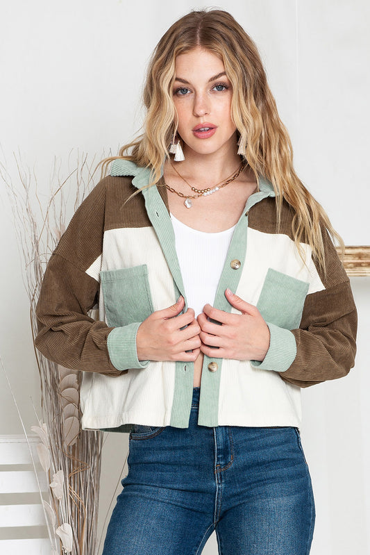 Green Color Block Button Up Cropped Corduroy Jacket - Eloy Royal