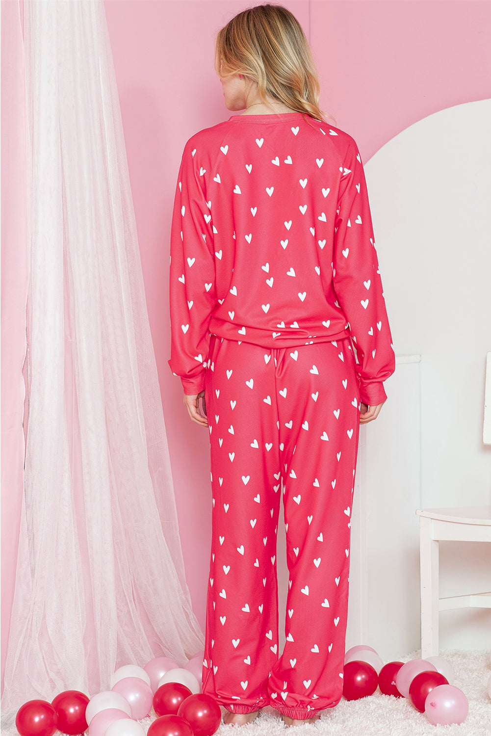 Red Heart Print Raglan Sleeve Top and Pants Set