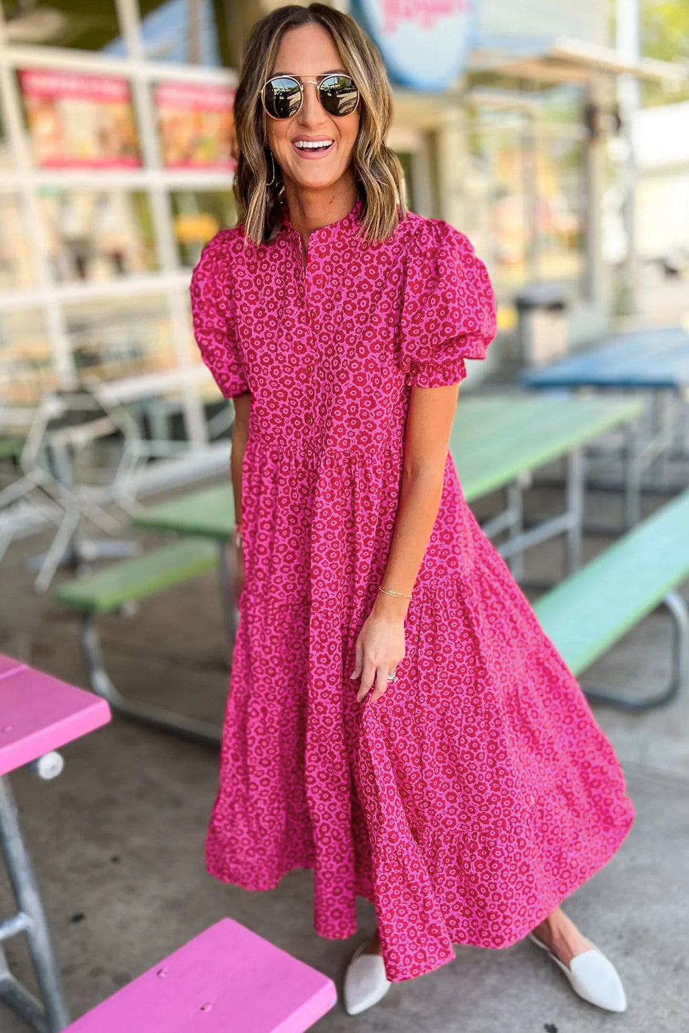 Rose Red Mock Neck Puff Sleeve Floral Tiered Maxi Dress - Eloy Royal