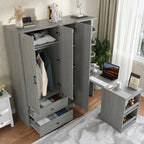 Multifunctional Wardrobe with 2 Doors and Hanging Rod, Wooden clothes closet with Convertible Desk and Storage Drawers, Multi-storage Spaces, for Bedroom, Cloak Room, Laundry, Gray