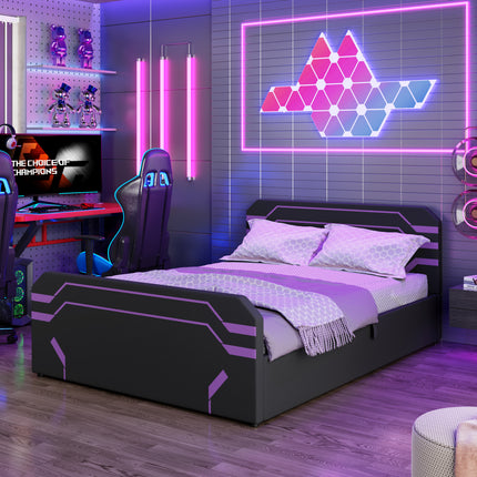 Queen Size Upholstered Gaming Bed with Side-Lift Hydraulic Storage System, Cyberpunk Style Platform Bed with Futuristic Pattern for Gamers & Gen Z, Black+Purple
