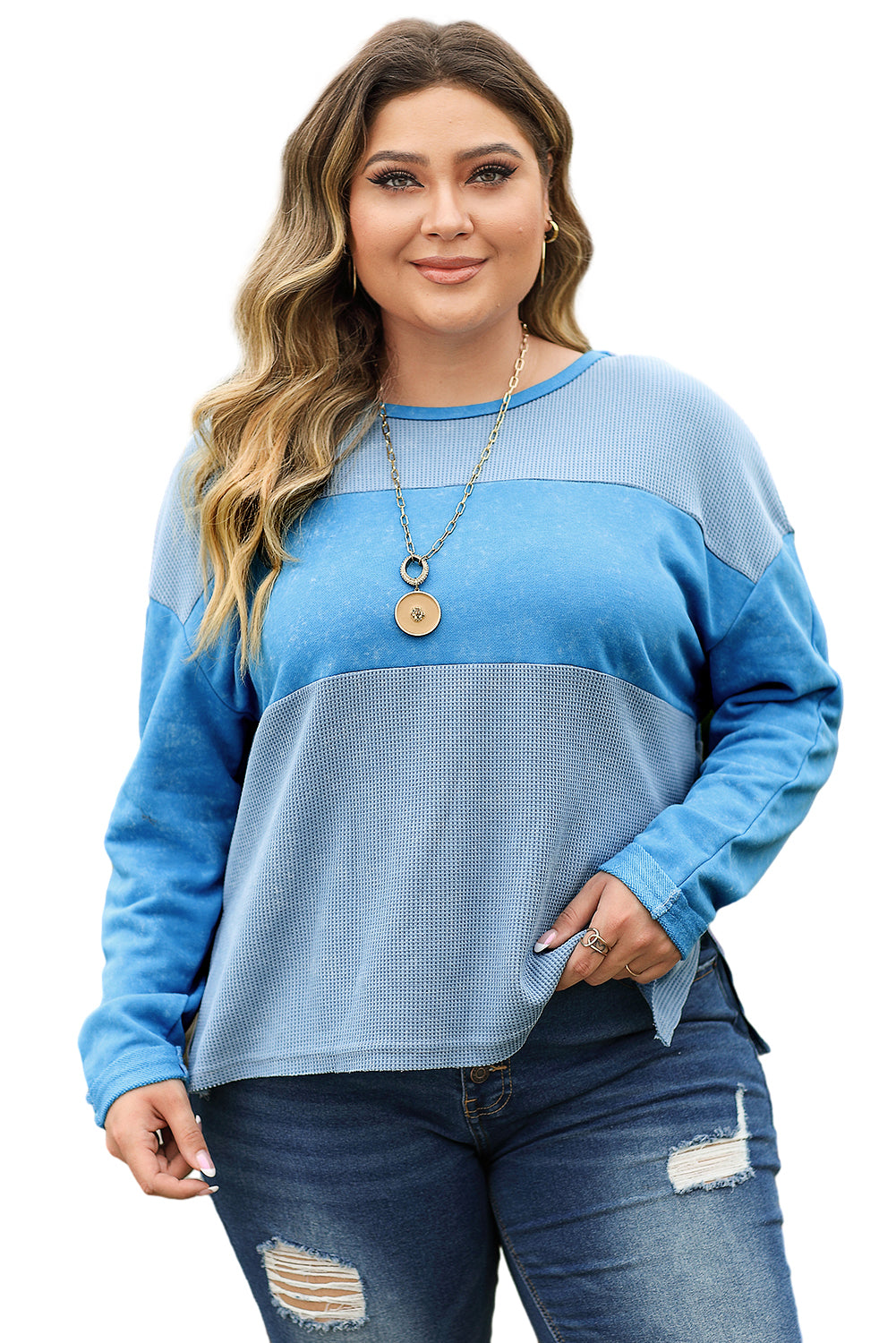 Wholesale Sky Blue Plus Size Waffle Knit and Washed Patchwork Drop Shoulder Top - Eloy Royal