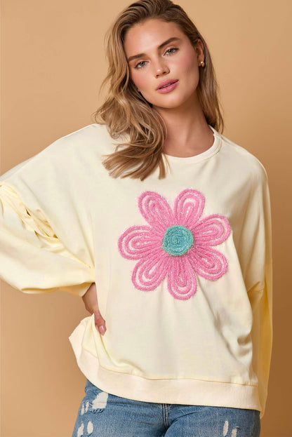 Beige Cute Tinsel Flower Puff Sleeve Sweatshirt