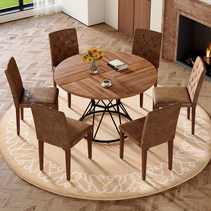Table and chair set.A walnut MDF table with a diameter of 47.3 inches,black hourglass shaped metal brackets.Paired with 6 Brown Suede Fabric Chairs: Features a decorative button-tufted backrest.