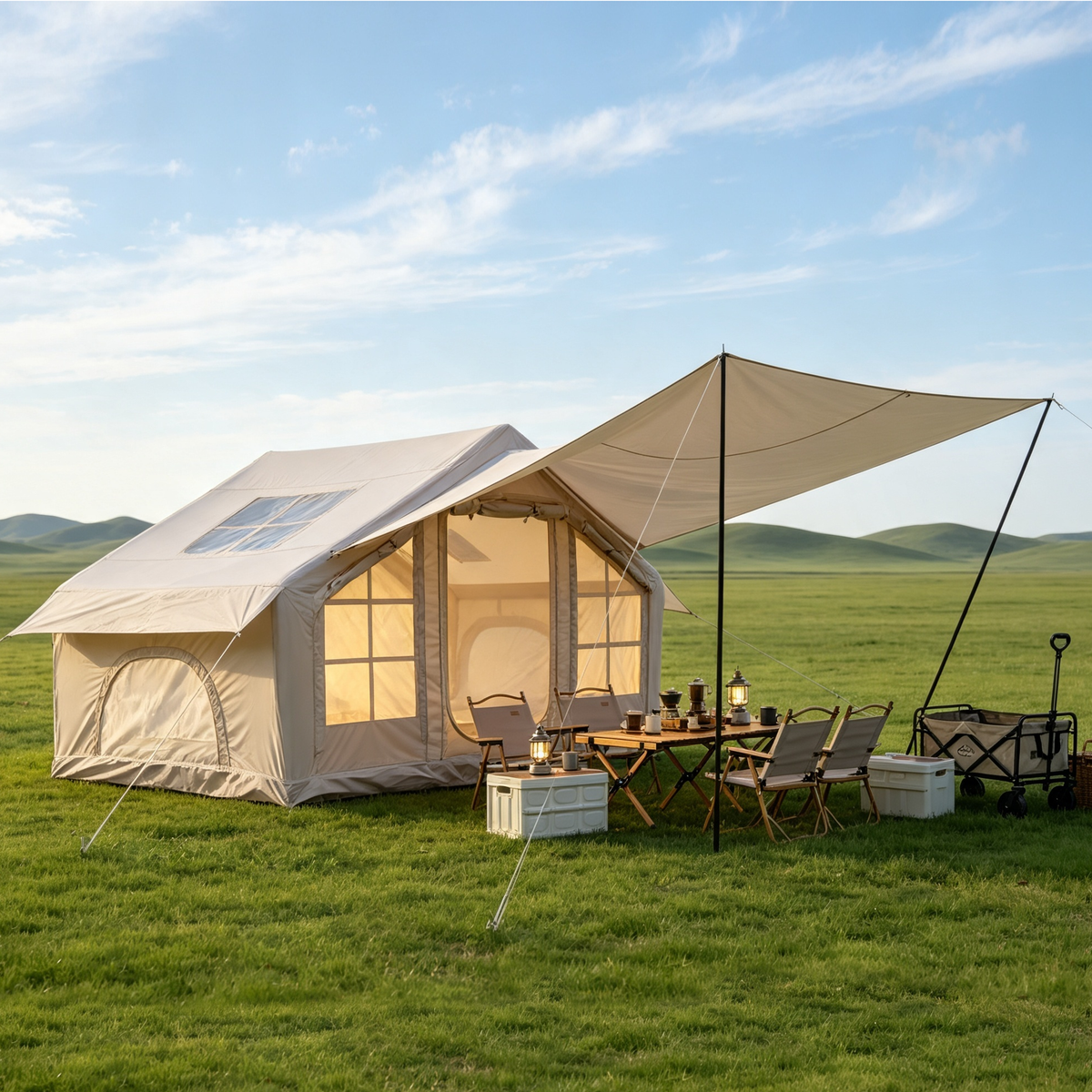 6.3m ² Inflatable Camping Tent with canopy , 4 Season Waterproof Windproof, Clear Skylight & 420D Oxford Waterproof, Air Tent with Mesh Windows/Doors