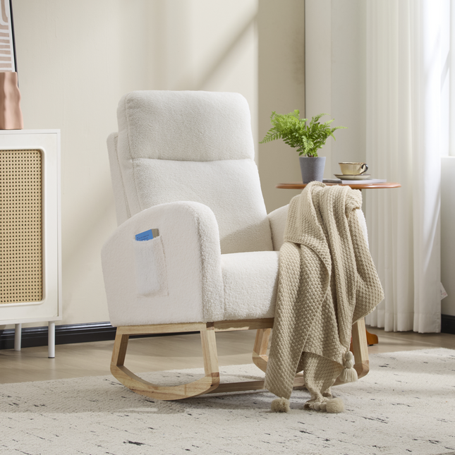 Modern Accent Rocking Chair Rocking Chair with Solid Wood Legs, Upholstered Nursery Glider Rocker, Comfy Armchair with Side Pocket, Living Room Lounge Arm Chair with High Backrest (white,teddy)