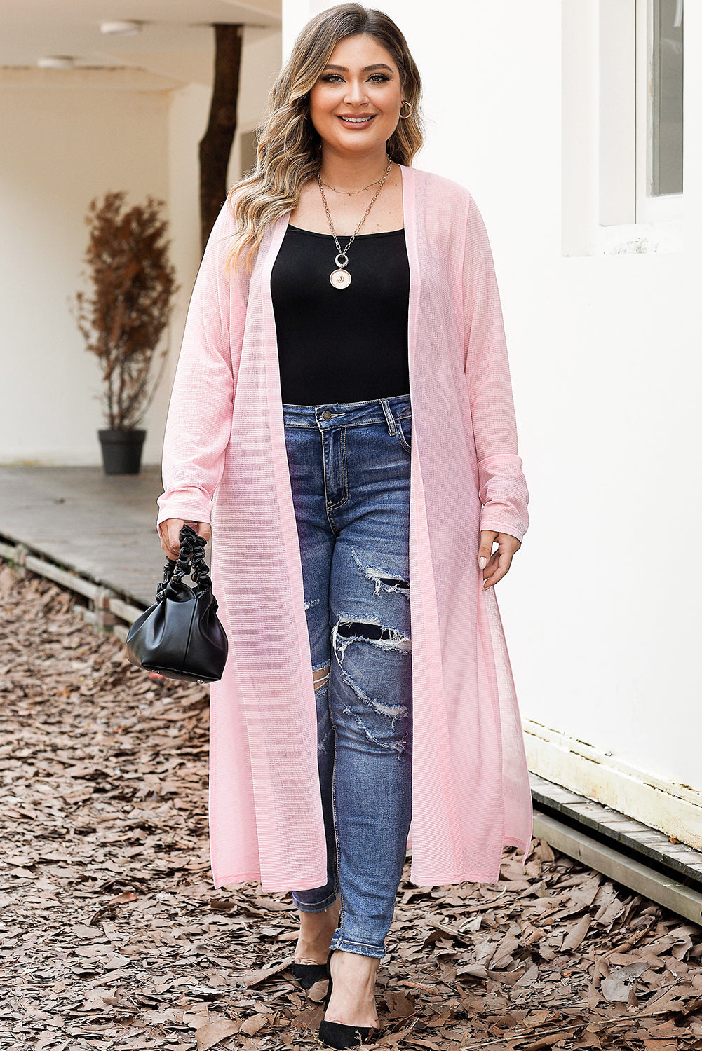 Pink Sheer Knitted Long Side Slit Plus Size Cardigan - Eloy Royal