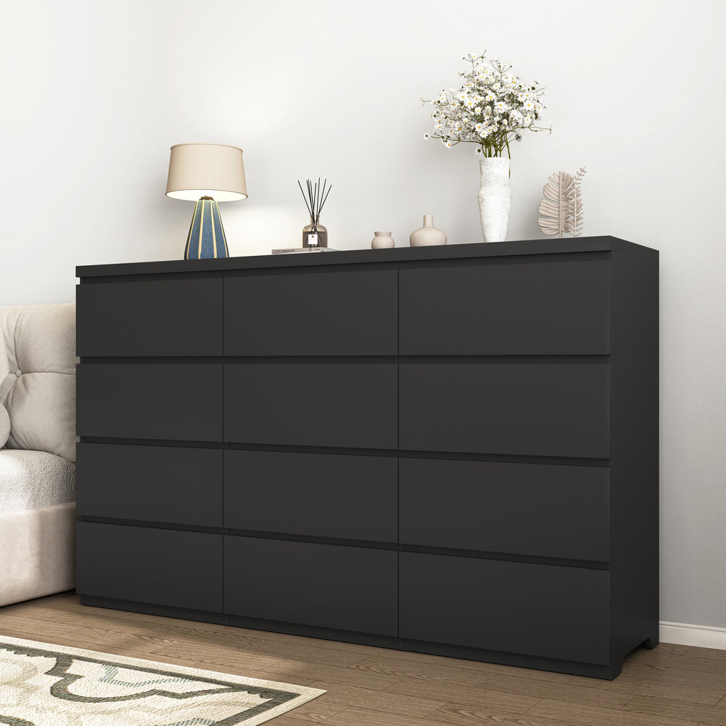 12 Drawers Double Dresser, Modern Wood Dresser Chest of Drawers with Large Storage Space for Bedroom, Black