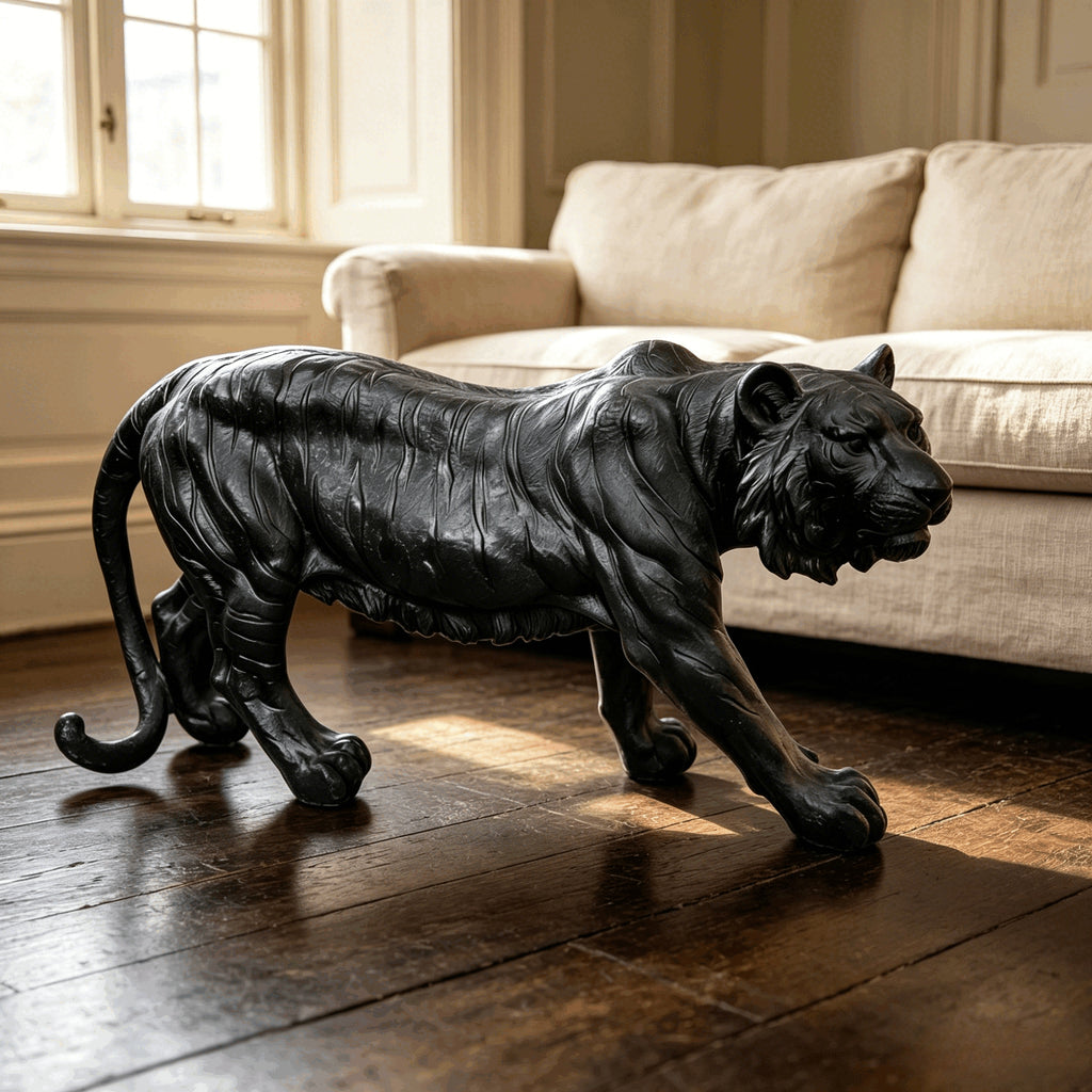 15.75' H x 33.46' L x 7.87' W Simulated Black Tiger Resin Garden Statue, Indoor & Outdoor Decorative Ornament, Lawn & Courtyard Art Craft, Unique Gift for Home & Garden