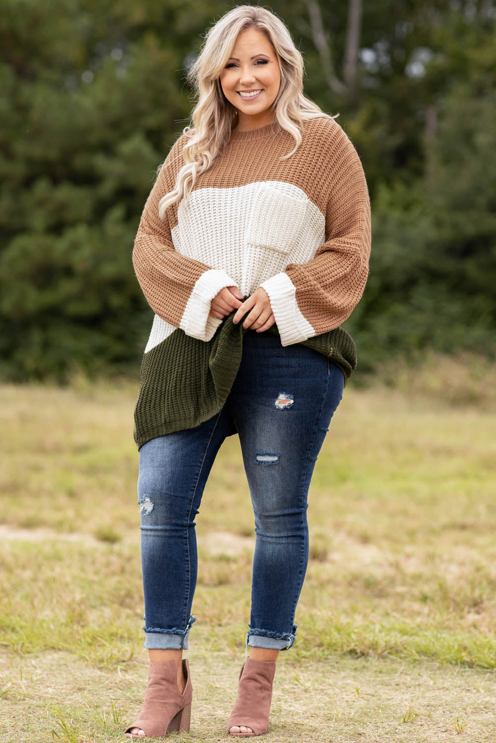 Khaki Color Block Tiered Knit Plus Size Sweater - Eloy Royal