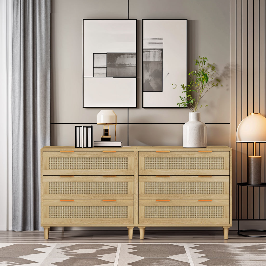 Nervi Rattan Three-Drawer Storage Cabinet, Oak, Set of 2