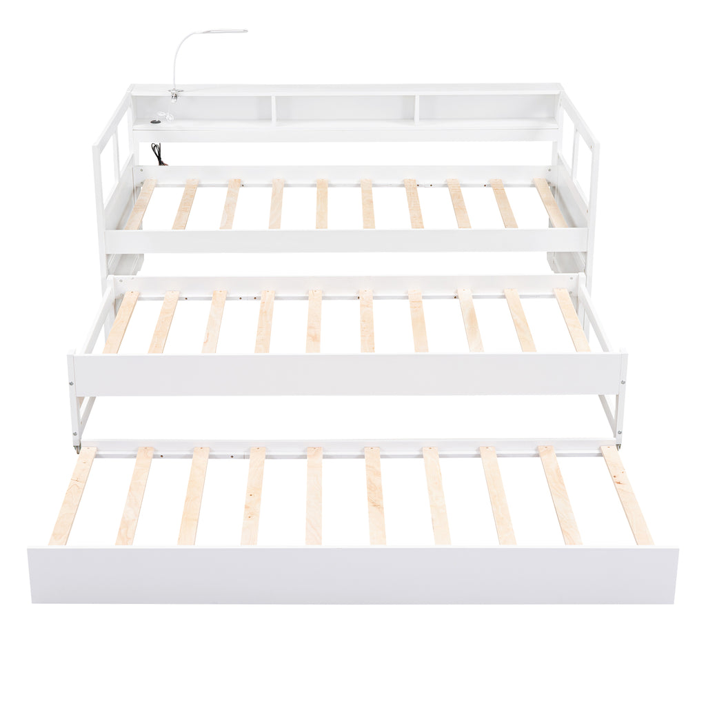 Twin XL Wood Daybed with 2 Trundles, 3 Storage Cubbies, 1 Light for Free and USB Charging Design, White