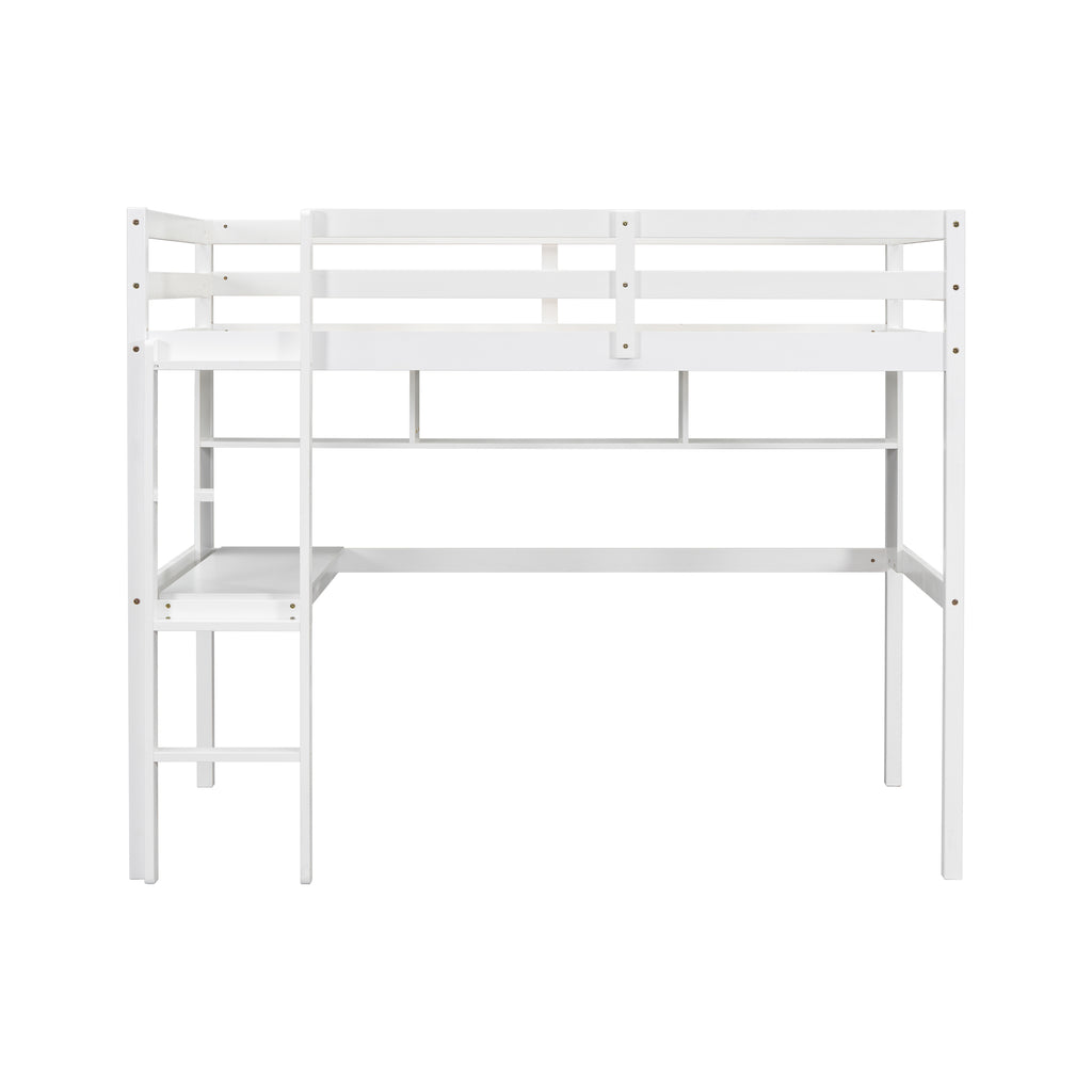 Twin Loft Bed with built-in desk and bookcase of three compartments, Guardrails and Ladder,White