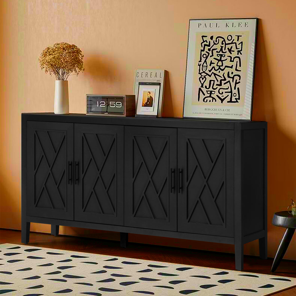 Grosvenor Twill-Panel Four-Door Sideboard, Black and Dark Walnut, 60 in
