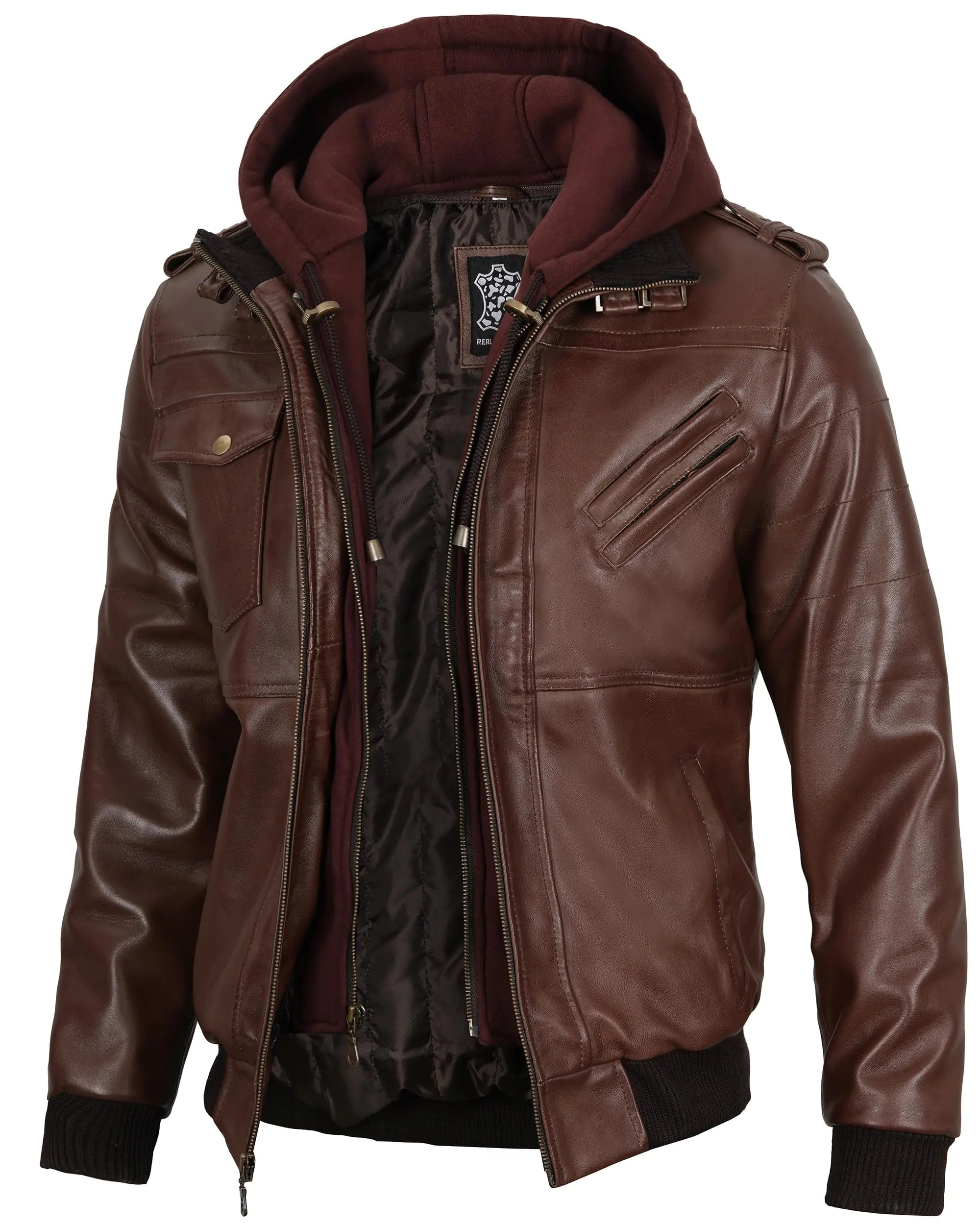 Decrum Men Big And Tall Leather Jacket - Mens Brown Leather Jacket With Removable Hood | [1123004] Dark Brown Edinburgh LT