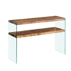 Walnut MDF Console Table with Tempered Glass Top, Brown Side Table for Living Room, Kitchen, Office, and Outdoor Use