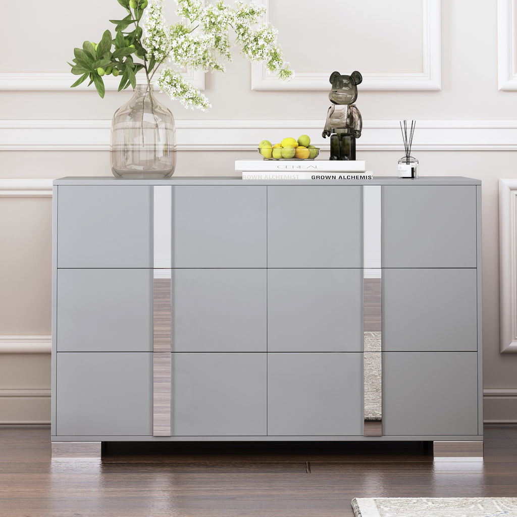 Elegant Modern Dresser with Metal Foot,Mirrored Storage Cabinet with 6 Drawers for Bedroom,Living Room,Gray (Old SKU: WF319354AAE)