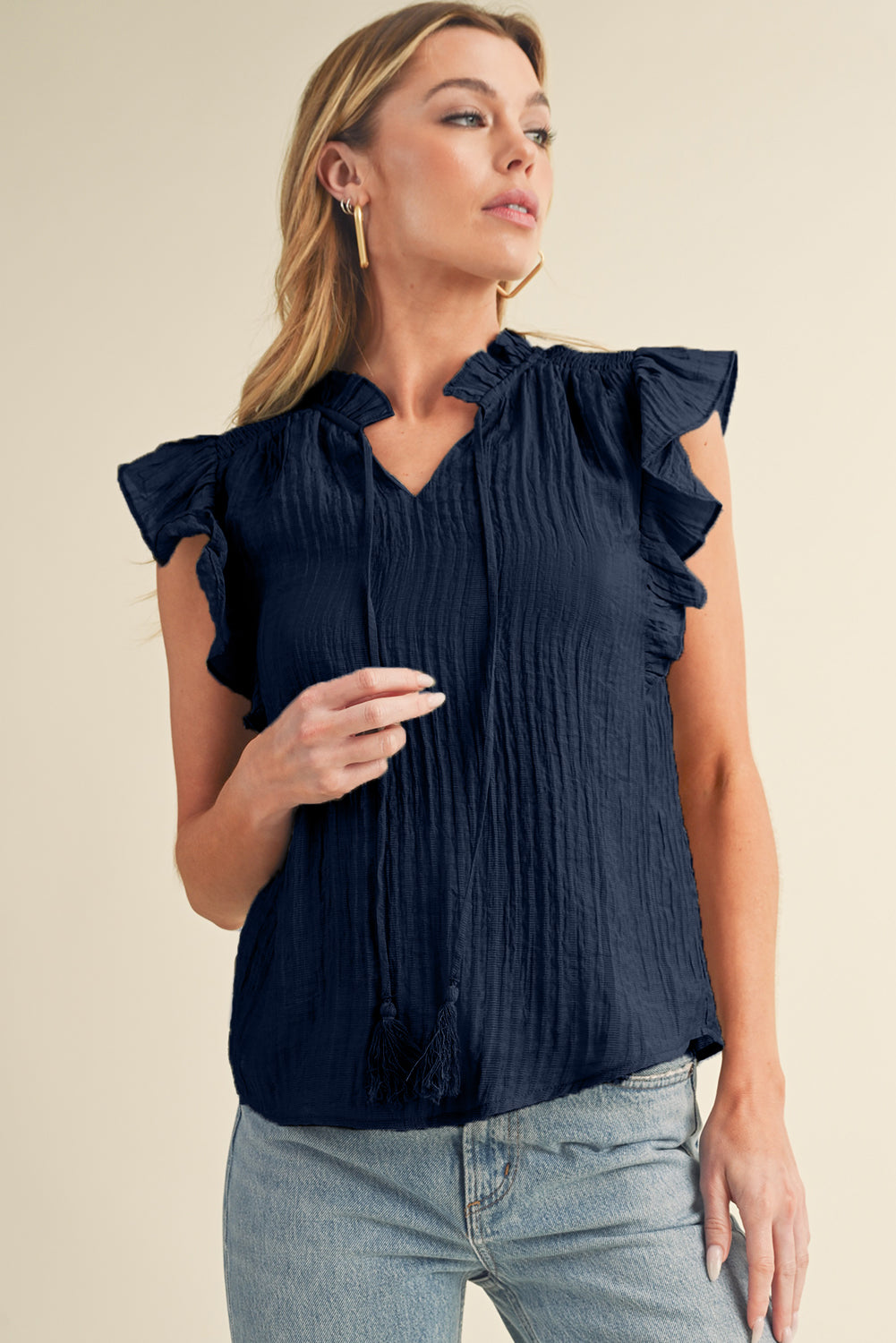 Navy Blue V Neck Flutter Shoulder Textured Blouse - Eloy Royal