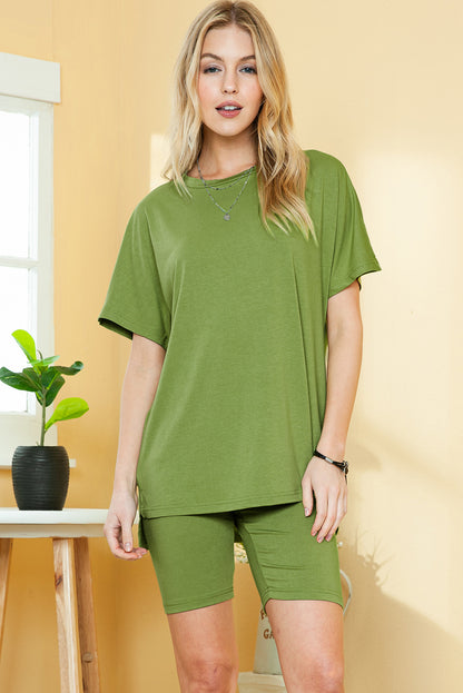 Spinach Green Solid Split Hem Tunic Tee and Tight Shorts Set - Eloy Royal