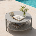 Modern Outdoor Patio Coffee Table - Round 2-Tier Design with All-Weather Rustproof Metal Top & Handwoven PE Rattan Storage Shelf - Low Accent Cocktail Table for Garden, Balcony, and Living Roo