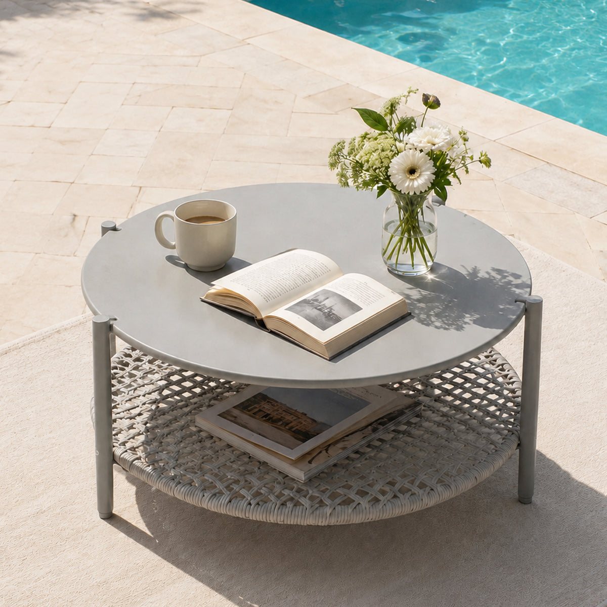 Modern Outdoor Patio Coffee Table - Round 2-Tier Design with All-Weather Rustproof Metal Top & Handwoven PE Rattan Storage Shelf - Low Accent Cocktail Table for Garden, Balcony, and Living Roo