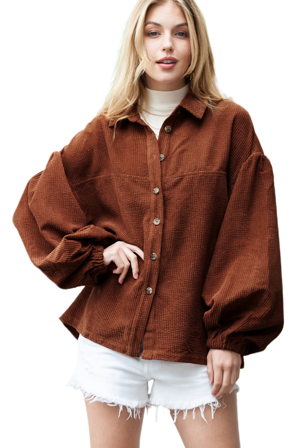 Wholesale Coffee Corduroy Button Up Lantern Sleeve Jacket - Eloy Royal