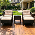 5 Pieces Rattan Wicker Lounge Chair Outdoor Patio Conversation Set with 2 Cushioned Chairs, 2 Ottomans and Tempered Glass Top Coffee Table