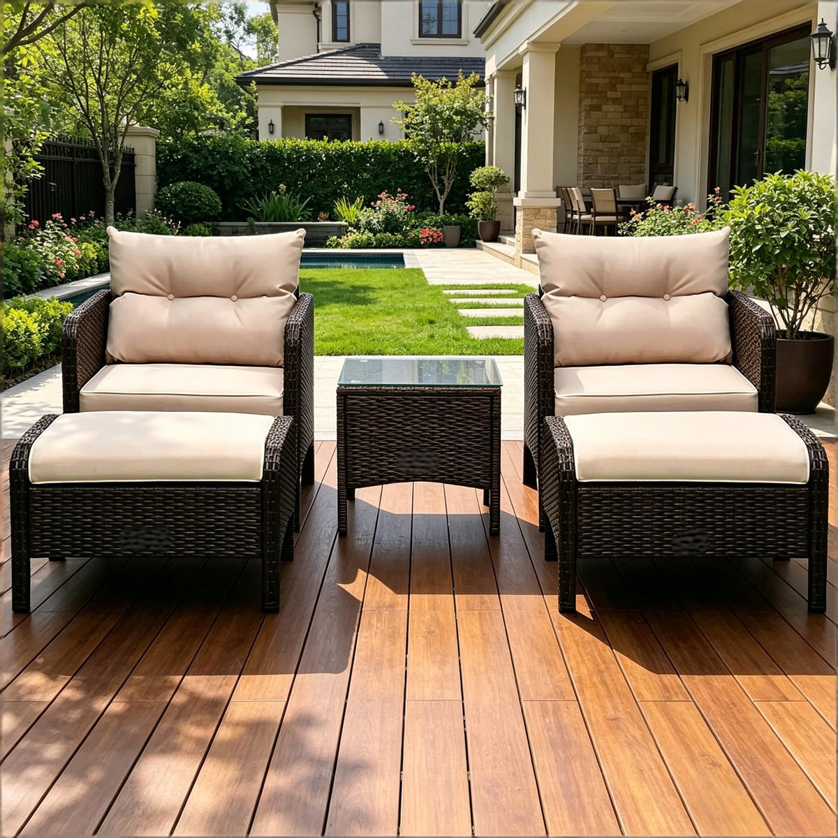 5 Pieces Rattan Wicker Lounge Chair Outdoor Patio Conversation Set with 2 Cushioned Chairs, 2 Ottomans and Tempered Glass Top Coffee Table