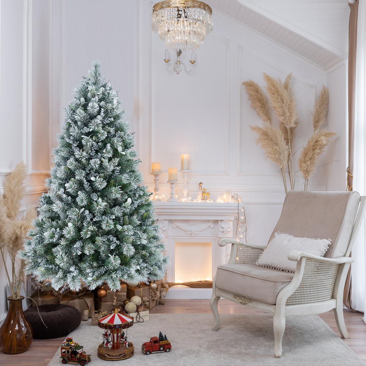 4FT Flocked Christmas Tree with Pine Needles & Eucalyptus Leaves, 404 Tips, Hinged Branches, Metal Stand – Snowy Artificial Tree for Holiday Home, Office, or Winter Decor