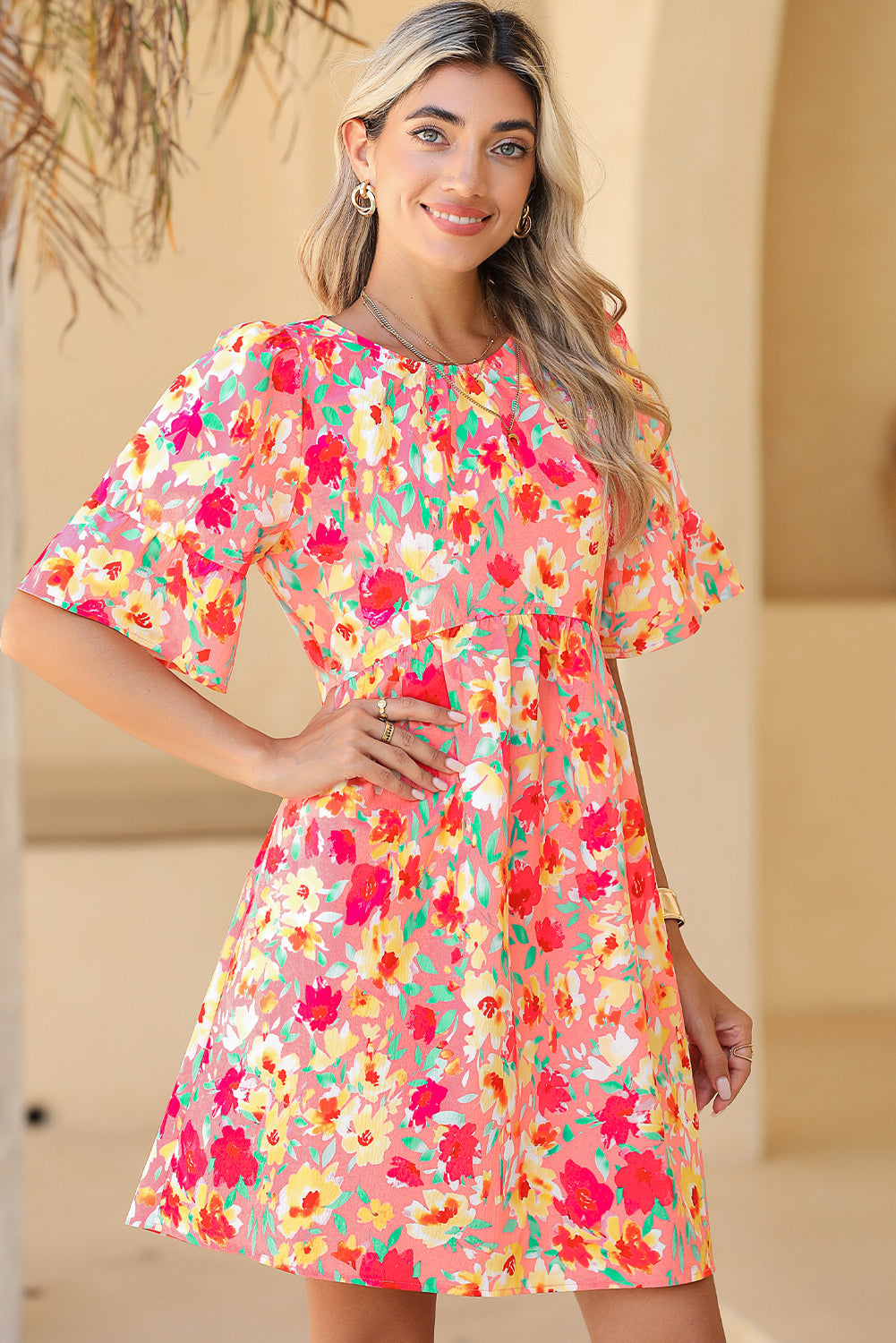 Multicolor Floral Print Flounce Sleeve Pleated Mini Dress - Eloy Royal