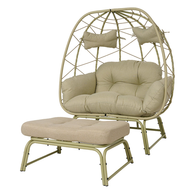 Double Patio Egg Chair with Ottoman, Wicker Outdoor Egg Chair with Cushion, 2 Person Lounge Chair with Footrest for Balcony, Garden and Backyard