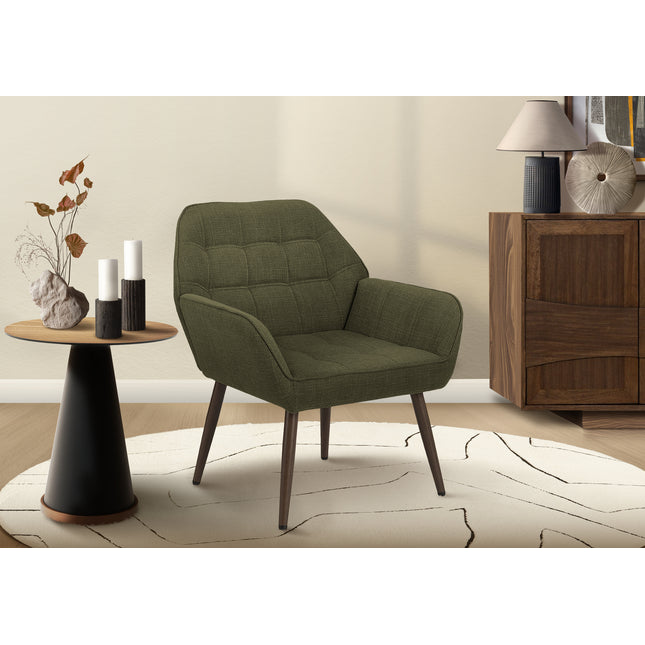 Accent Chair, 29'h, Upholstered, Living Room, Dark Green Fabric, Walnut Metal Legs, Contemporary, Modern