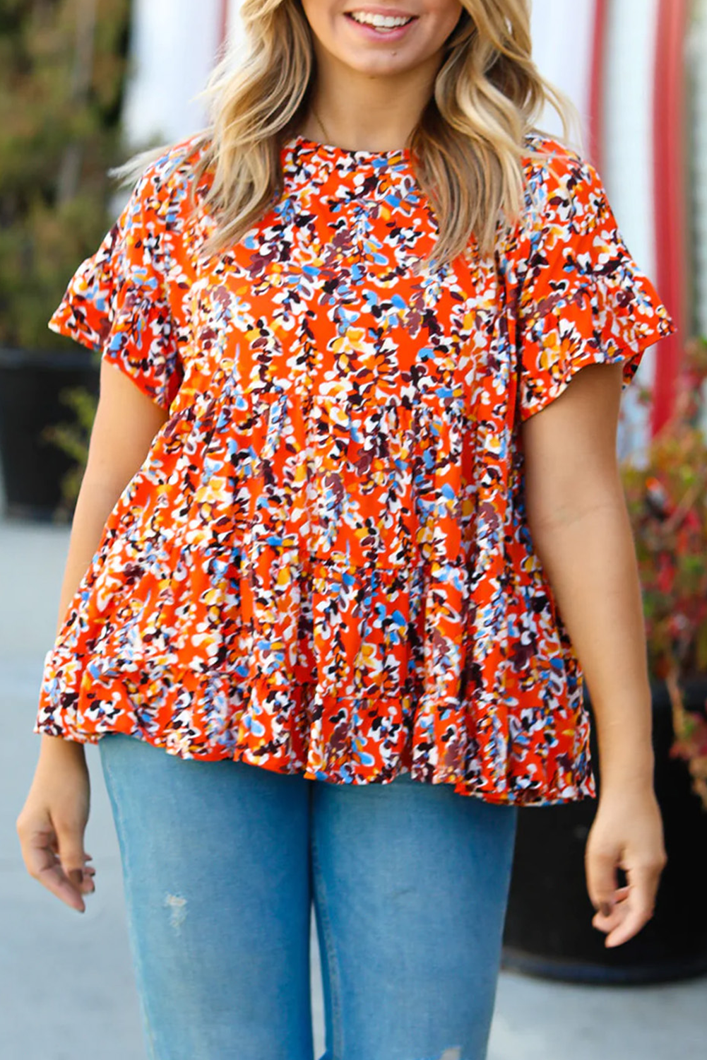 Orange Floral Printed Ruffle Sleeve Plus Size Babydoll Blouse - Eloy Royal