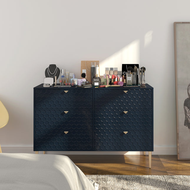 6-Drawer Storage Chest of Drawers with 3D Honeycomb Pattern, Wood Veneered MDF Cabinet for Bedroom, Living Room, Kitchen and Office