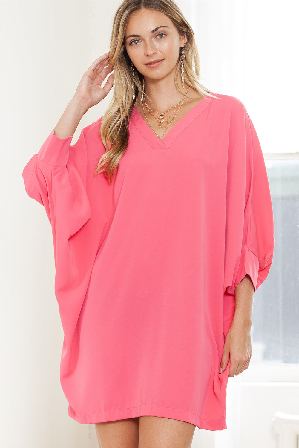 Strawberry Pink Solid Color V Neck 3/4 Sleeve Dress - Eloy Royal