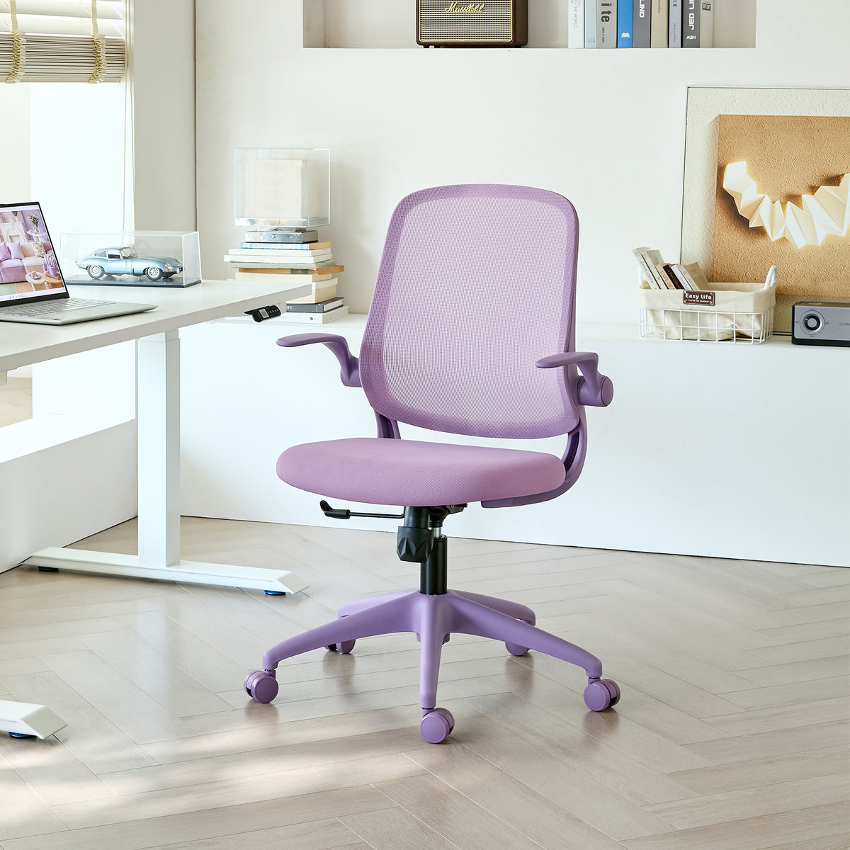Ergonomic Color Office Chair 350LBS, Home Office, Mesh Back, Integrated Molded Foam, Comfortable Sitting, Flipping Armrest, Fireproof, Rotating, Lifting Multifunctional Chair (Purple)