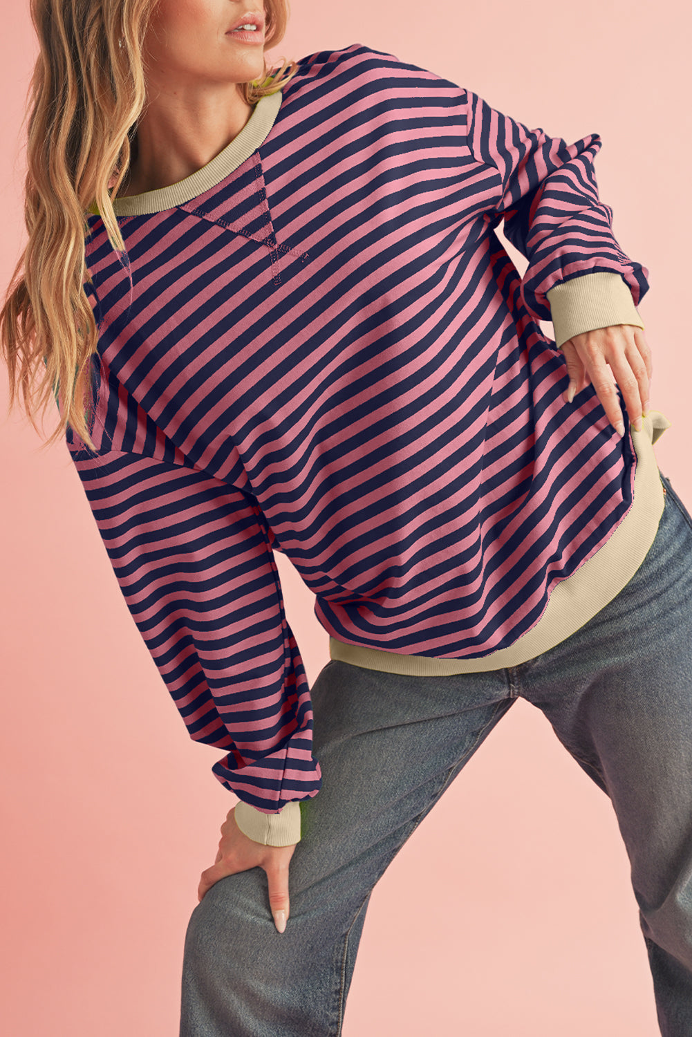 Green Stripe Contrast Edge Oversized Sweatshirt