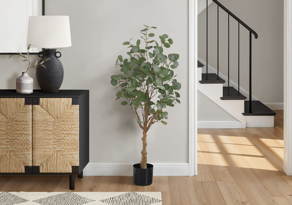 Artificial Plant, 46' Tall, Eucalyptus Tree, Indoor, Faux, Fake, Floor, Greenery, Potted, Decorative, Green Leaves, Black Pot