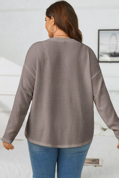 Simply Taupe Waffle Knit Drop Shoulder Button Front Plus Size Top - Eloy Royal