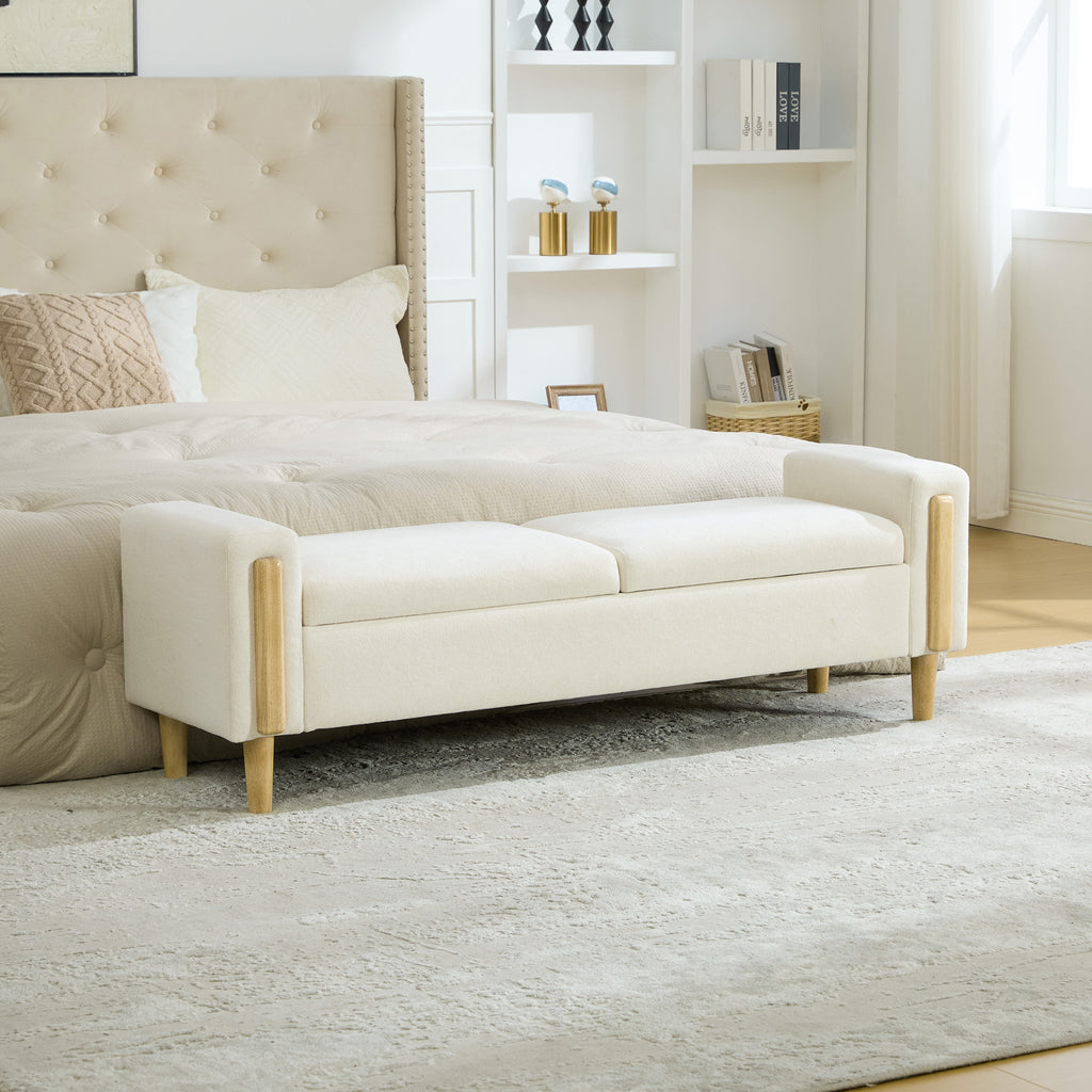 65.67' Wide Modern Upholstered  Storage Bench With Double Lids,  Chenille fabric Foot Stool With  Armrest, Bench Daybed With Rubberwood Legs For Living Room, Entryway, Dormitory, Bedroom,Beige