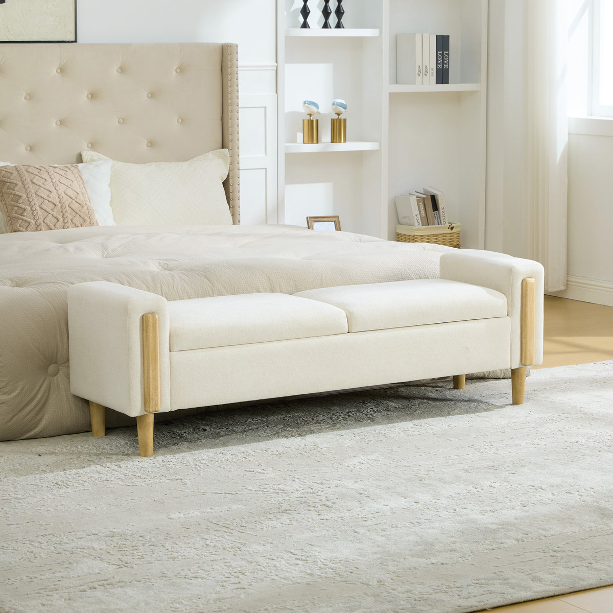 65.67' Wide Modern Upholstered  Storage Bench With Double Lids,  Chenille fabric Foot Stool With  Armrest, Bench Daybed With Rubberwood Legs For Living Room, Entryway, Dormitory, Bedroom,Beige