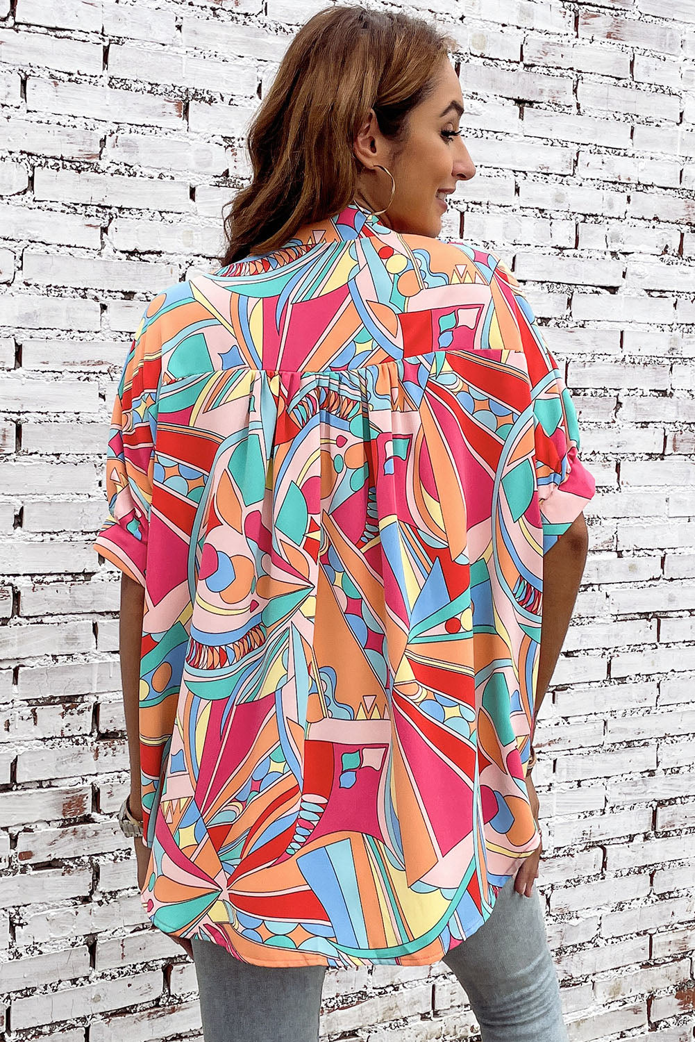 Multicolor Abstract Print Half Batwing Sleeve Loose Shirt - Eloy Royal