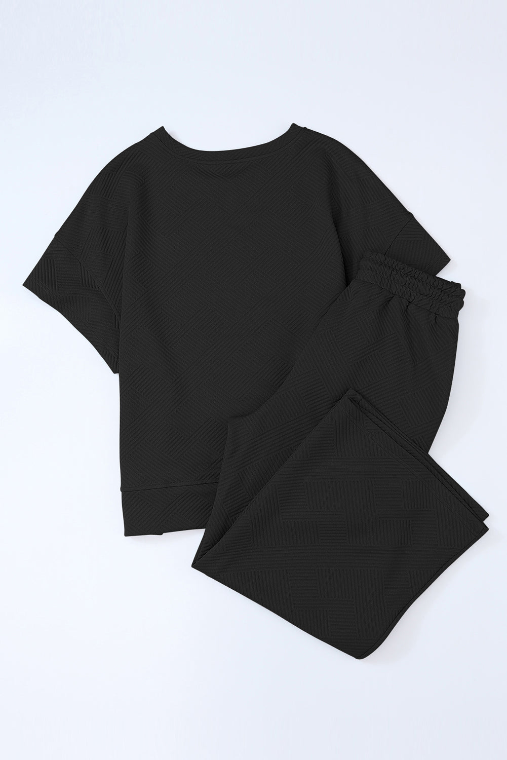 Black Textured Loose Fit T Shirt and Drawstring Pants Set - Eloy Royal