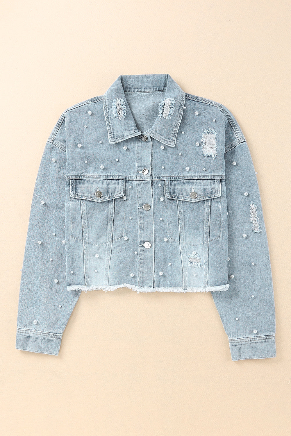 Wholesale Sky Blue Pearls Beading Cropped Denim Jacket - Eloy Royal